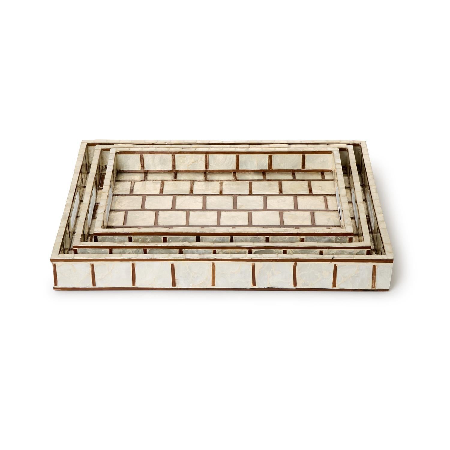 Tozai Home Home Decor Tozai Home S/3  Hand Inlaid Bamboo/Capiz Shell Rectangle Trays with Open Handles