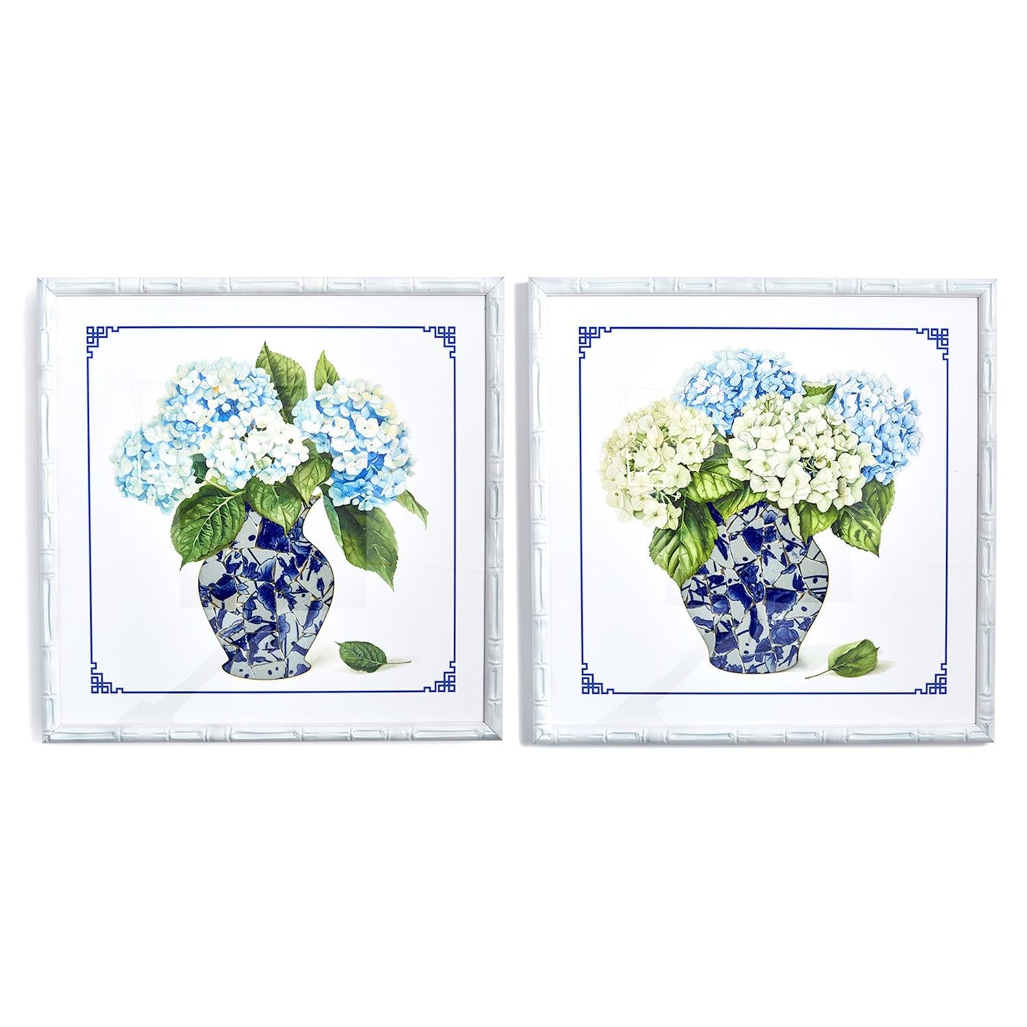 Twos Company Home Decor S/2 Blue and White Vase with Hydrangea Flower Wall Art