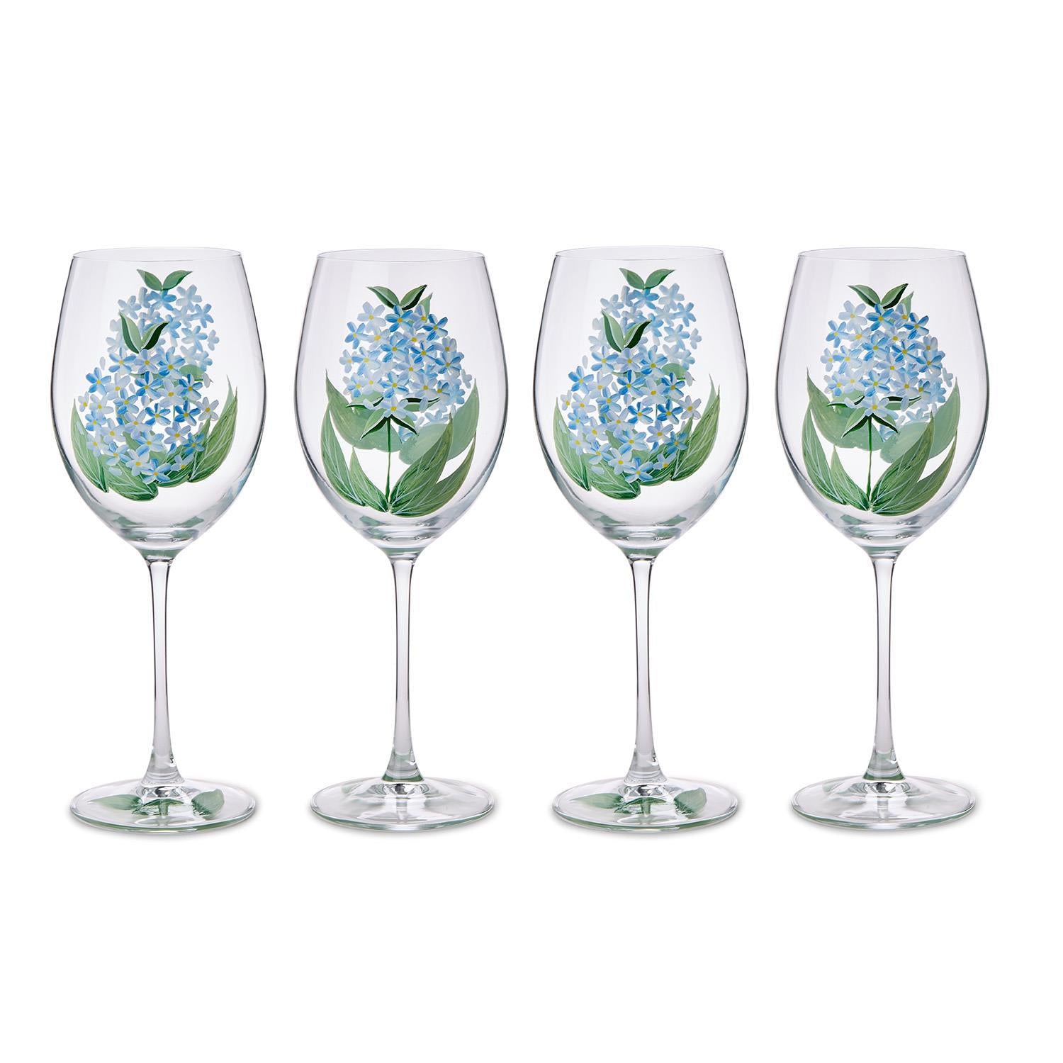 Twos Company Serveware S/4 Hydrangea Hand-Painted Stemmed Wine Glasses