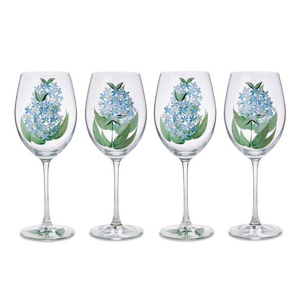 Twos Company Serveware S/4 Hydrangea Hand-Painted Stemmed Wine Glasses
