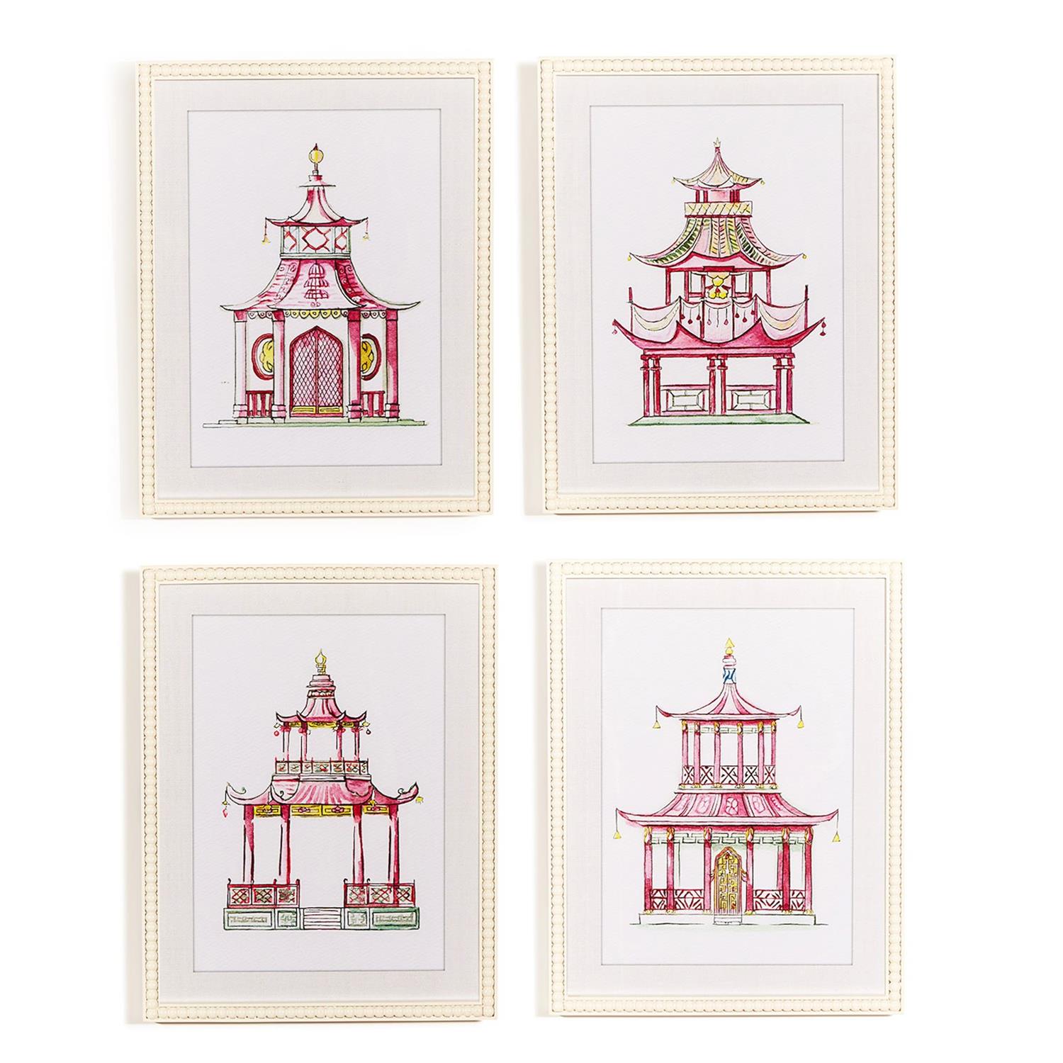 Twos Company Home Decor S/4 Pink Pagoda White Beaded Framed Wall Art Prints