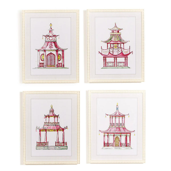 Twos Company Home Decor S/4 Pink Pagoda White Beaded Framed Wall Art Prints