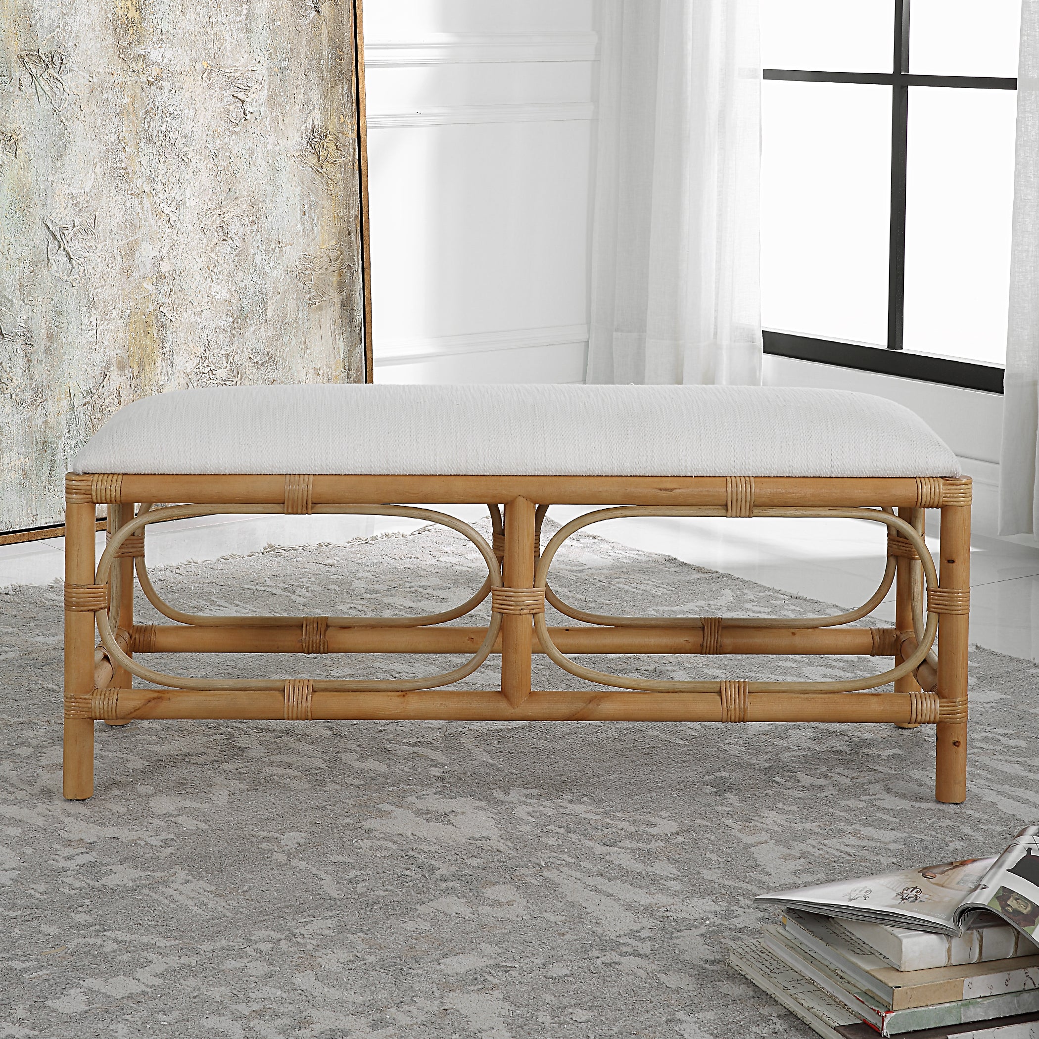 Uttermost Home Motor Freight - Rate to be Quoted Uttermost Laguna White Fabric Rattan Bench