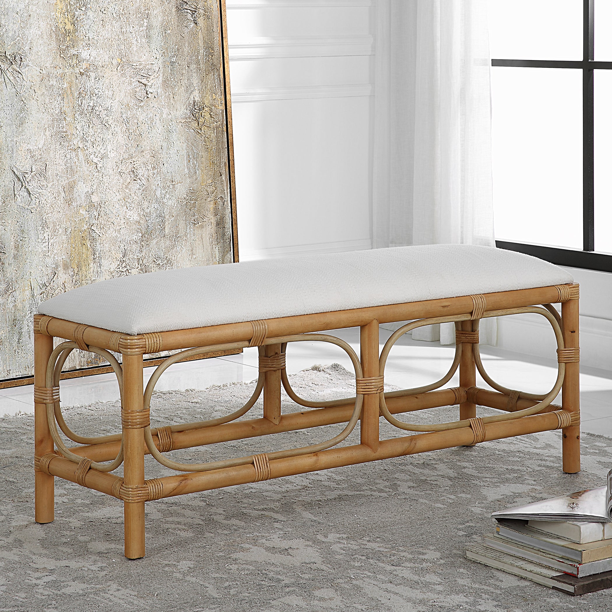 Uttermost Home Motor Freight - Rate to be Quoted Uttermost Laguna White Fabric Rattan Bench