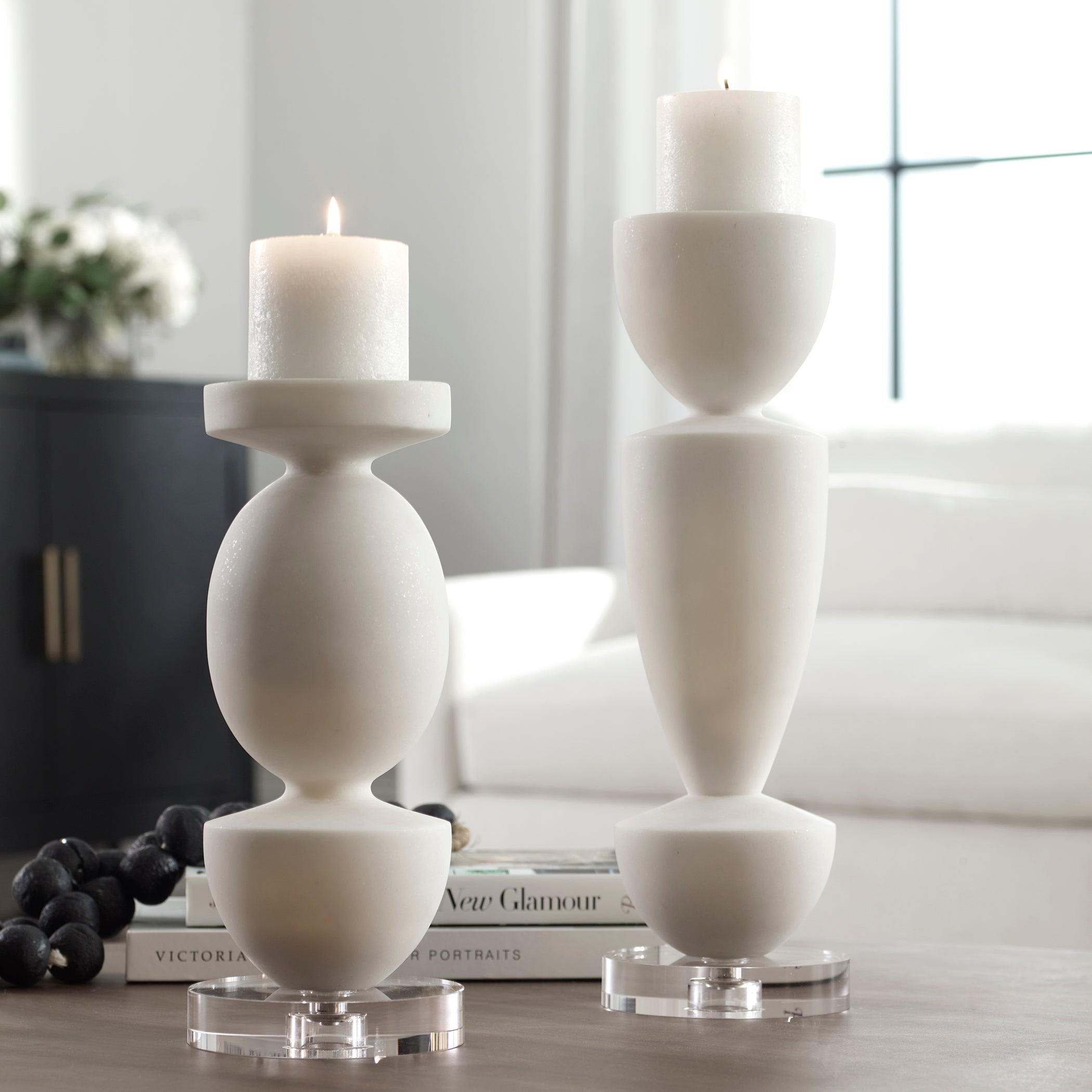 Uttermost Home Uttermost Lido White Stone Candleholders, Set/2