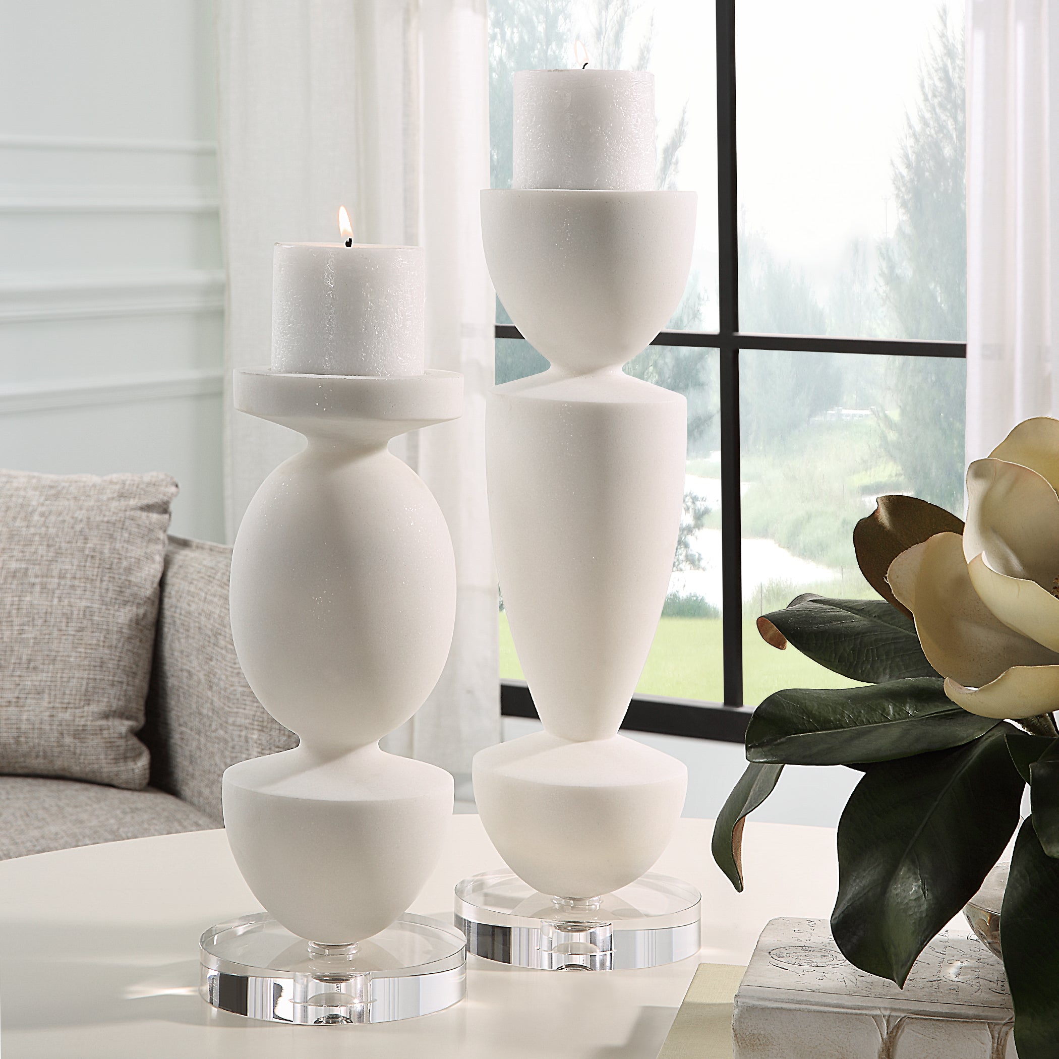 Uttermost Home Uttermost Lido White Stone Candleholders, Set/2