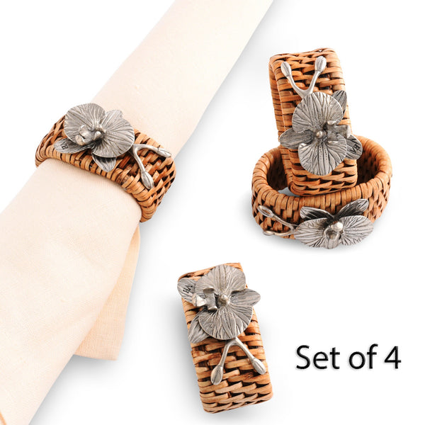 Vagabond House Serveware Vagabond House Orchid Hand Woven Wicker Rattan Napkin Ring - Set of 4