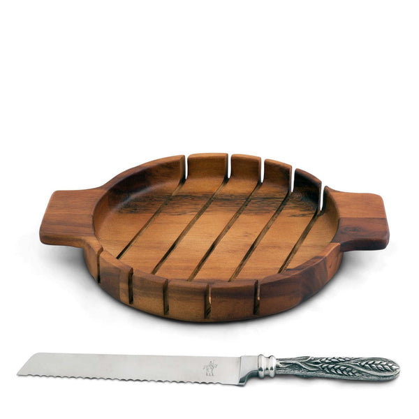 Vagabond House Serveware Vagabond House Round Loaf Bread Board with Pewter Wheat Knife