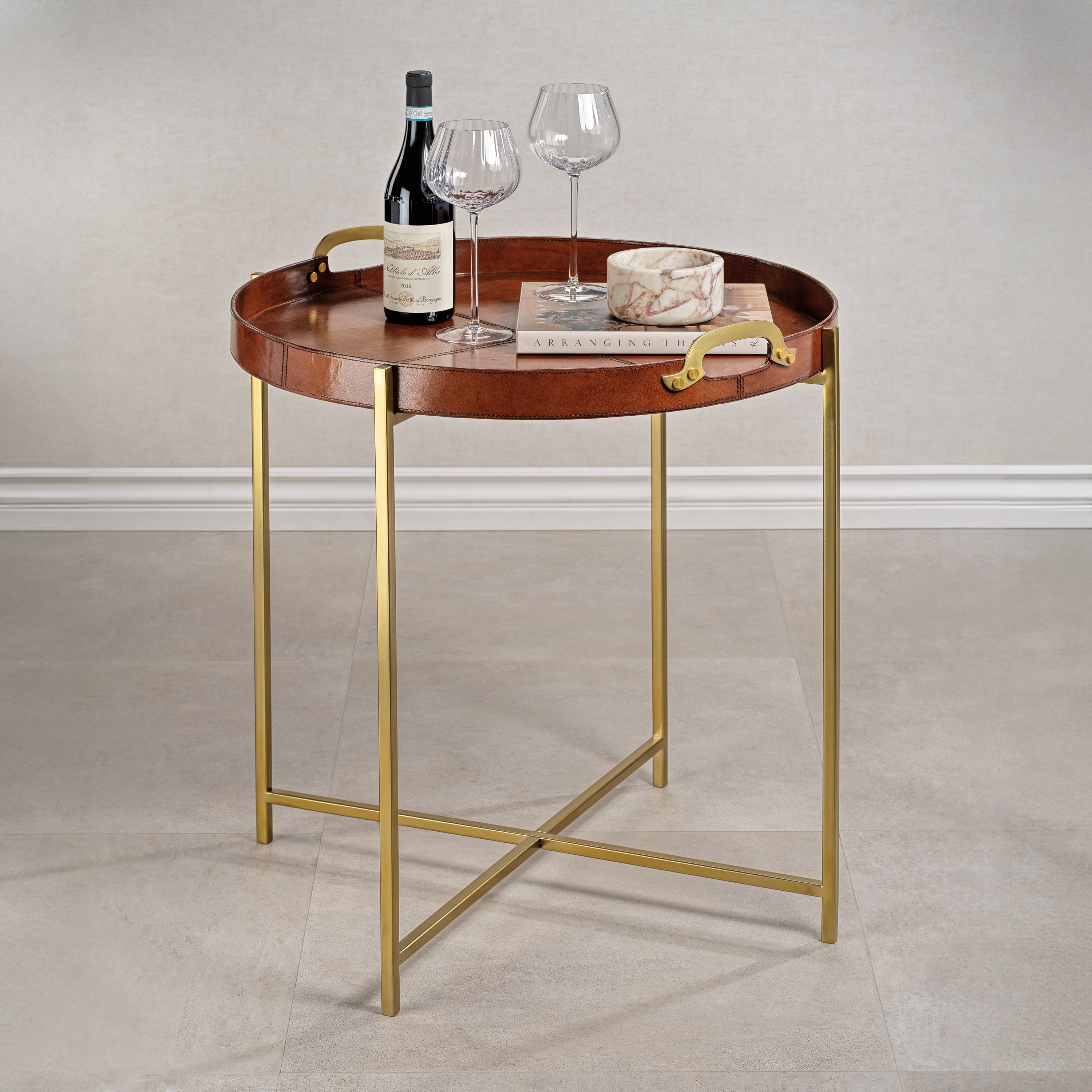 Zodax Giftware Aspen Leather with Brass Handles Round Tray  on Stand