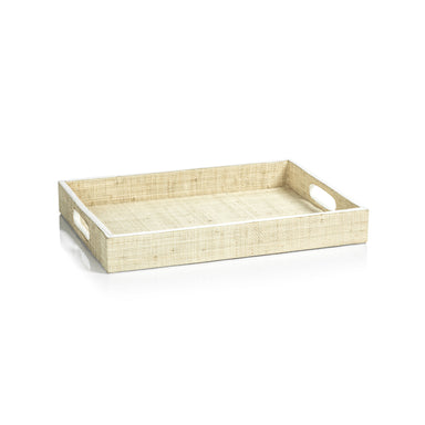 Zodax Furniture Atelier Natural Fiber Raffia Tray w/ Leather Trim -12" x 19" x 2"