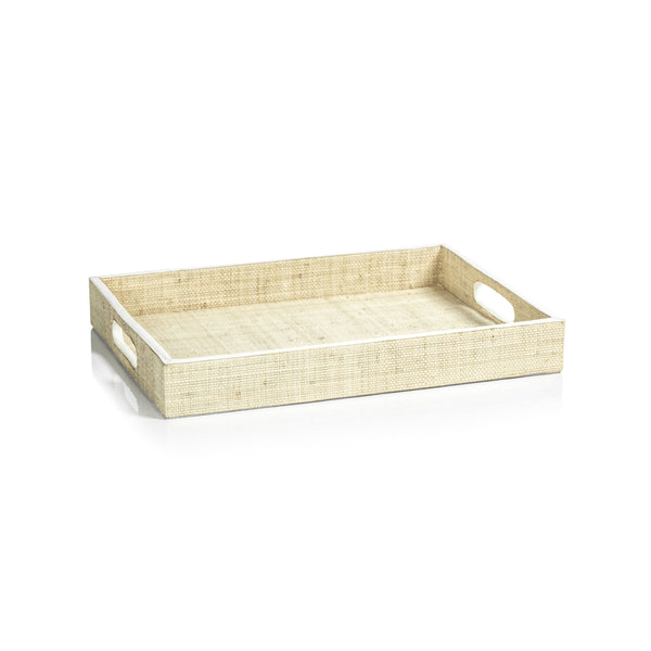 Zodax Furniture Atelier Natural Fiber Raffia Tray w/ Leather Trim -12" x 19" x 2"