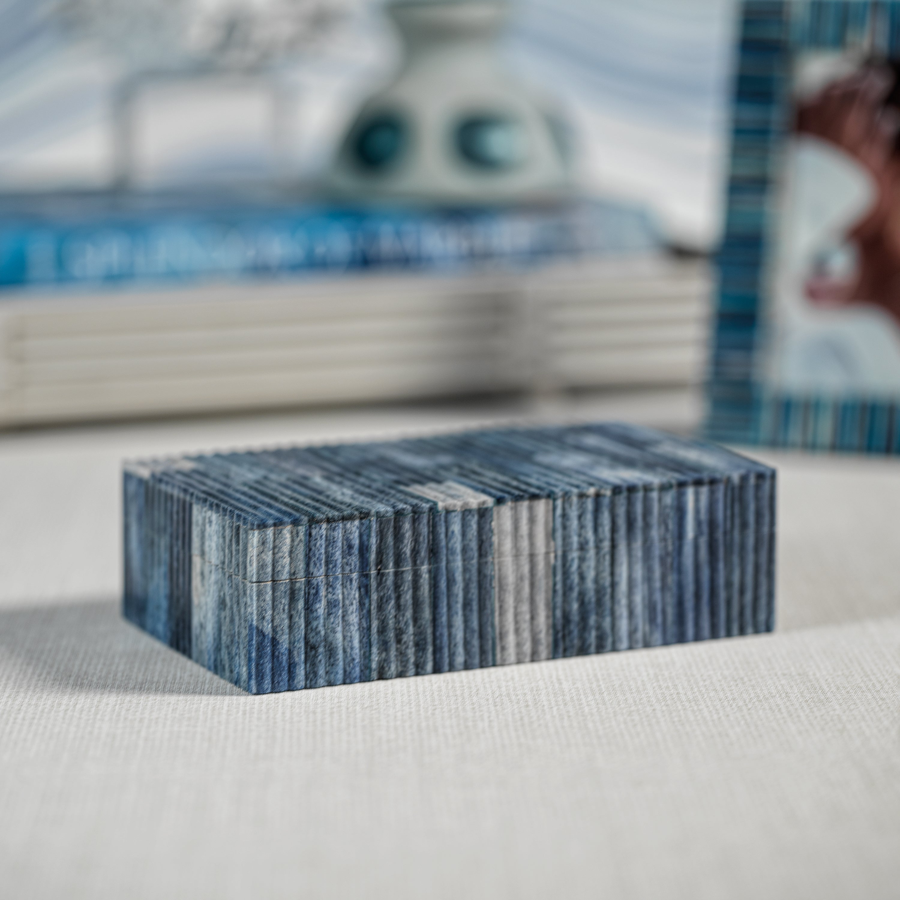 Zodax Home Decor Biarritz Ribbed Blue Bone Inlaid Box-7" x 4.25" x 2"