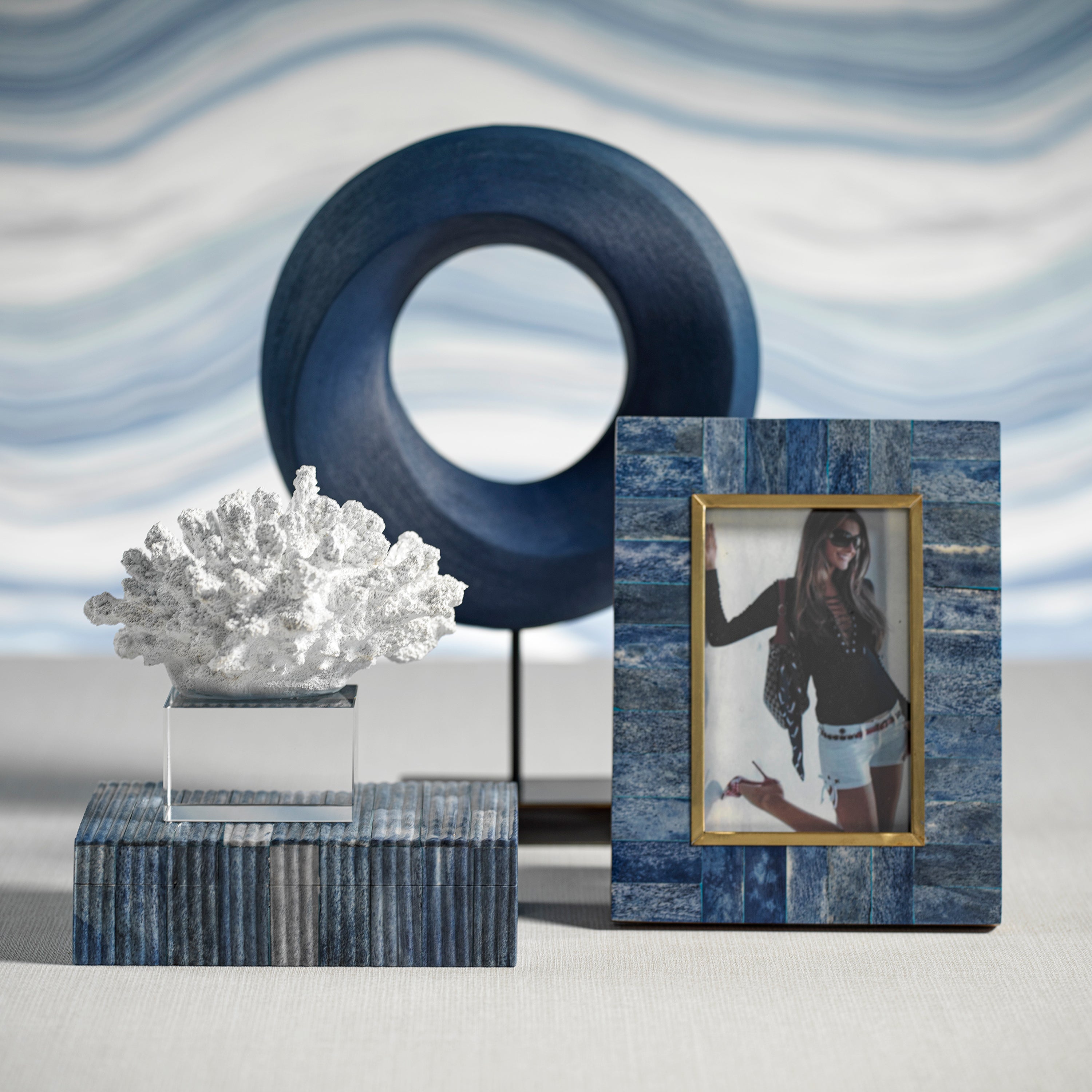 Zodax Home Decor Biarritz Ribbed Blue Bone Inlaid Box-7" x 4.25" x 2"