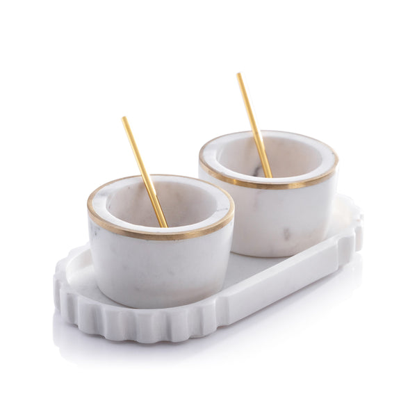Zodax Serveware Marble Condiment Set - 2 Bowls, 2 Spoons and 1 Tray