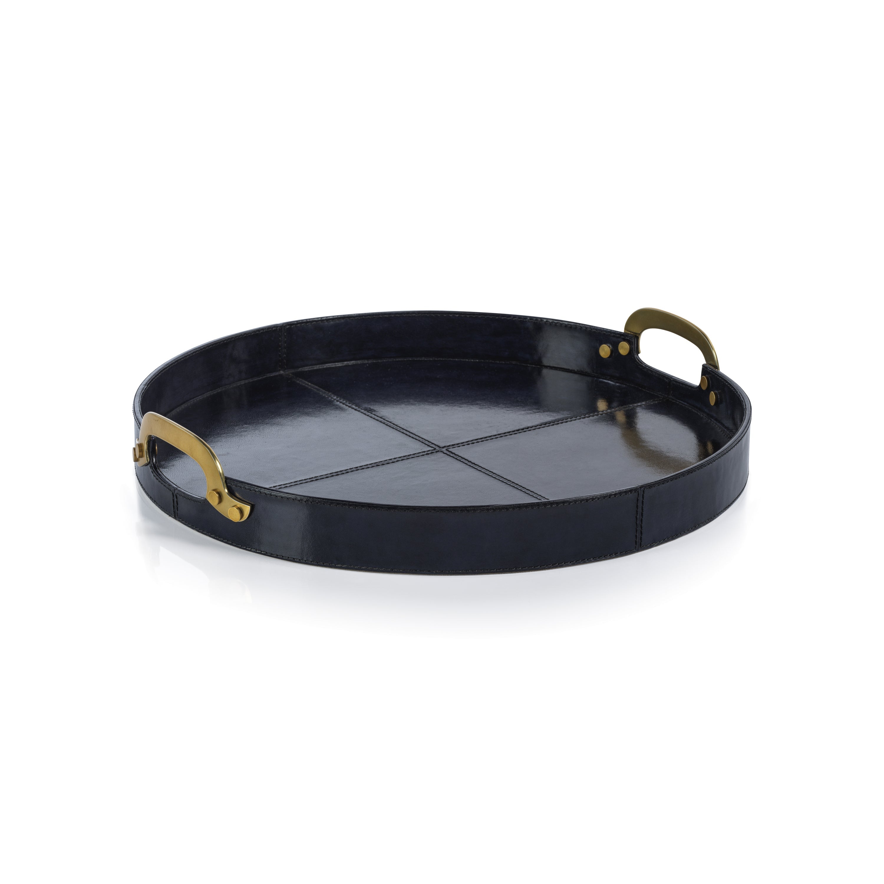 Zodax Furniture Savoy Leather with Brass Handles Round Tray 20"