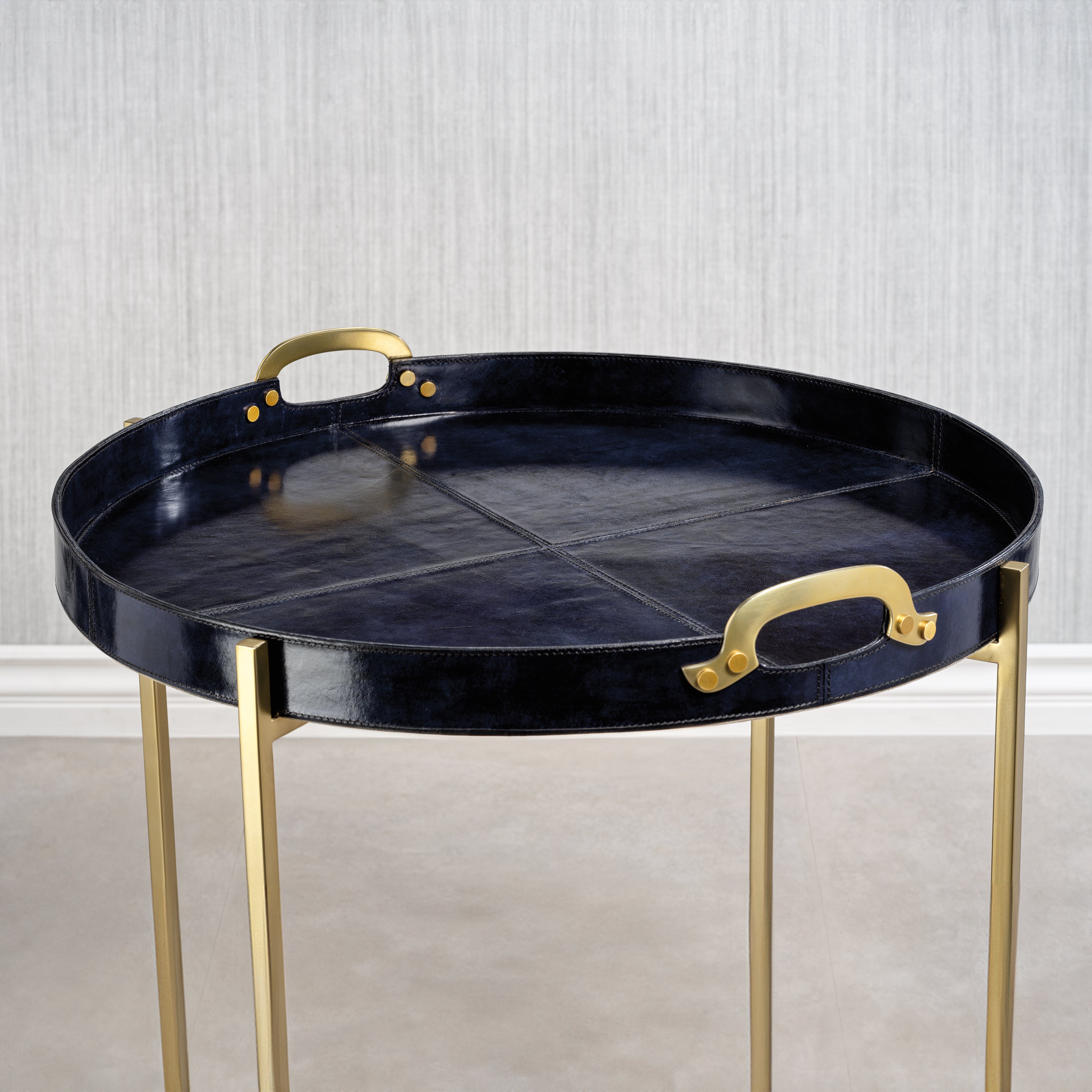 Zodax Furniture Savoy Leather with Brass Handles Round Tray on Stand