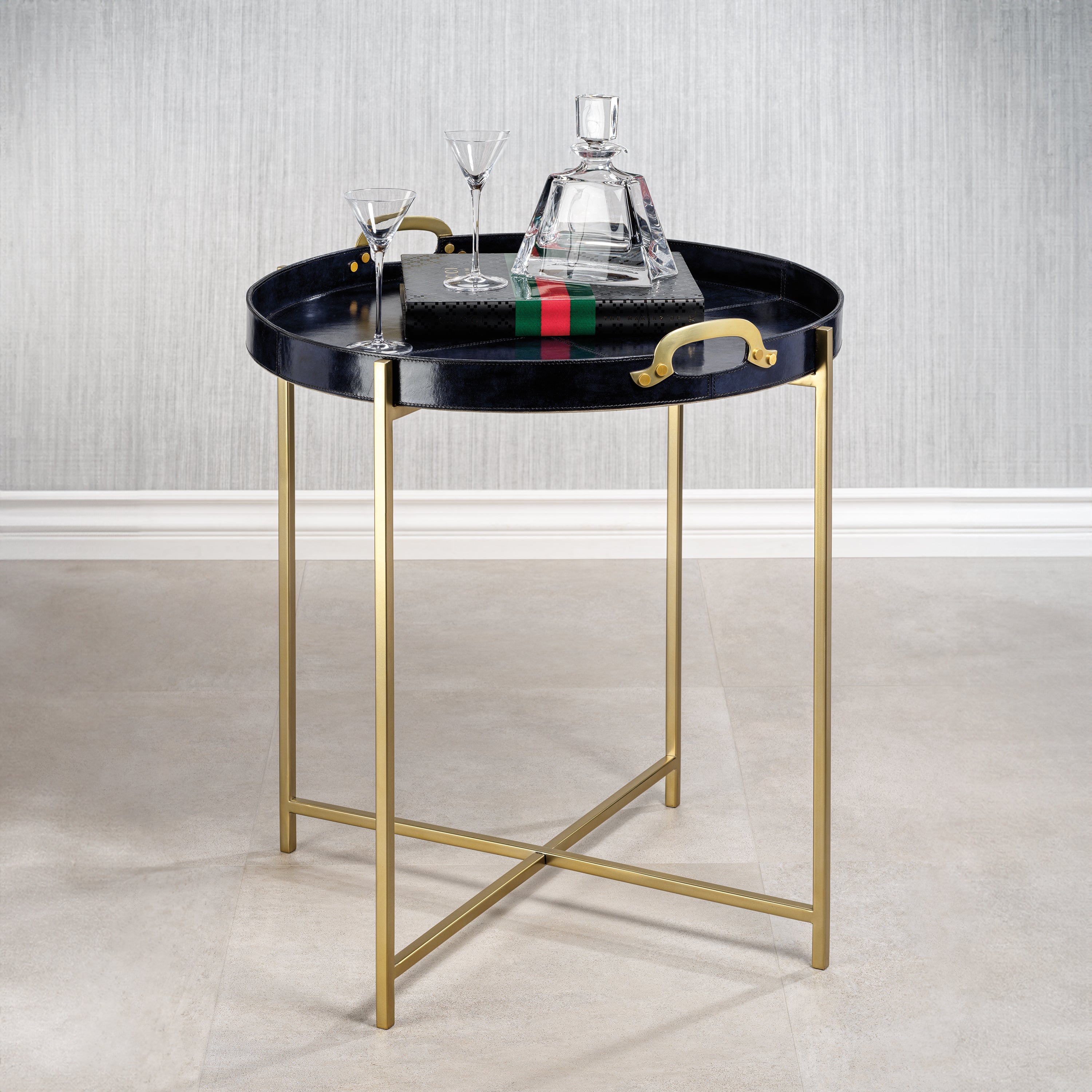 Zodax Furniture Savoy Leather with Brass Handles Round Tray on Stand