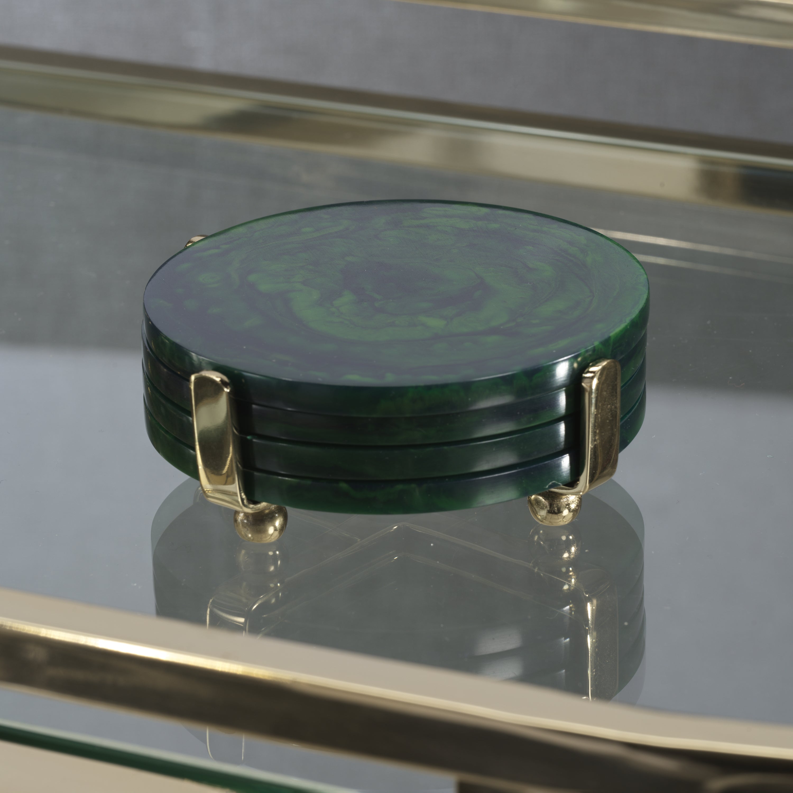 Zodax Home Decor Spiga Set of 4 Coasters on Stand - Gold with Green Accent