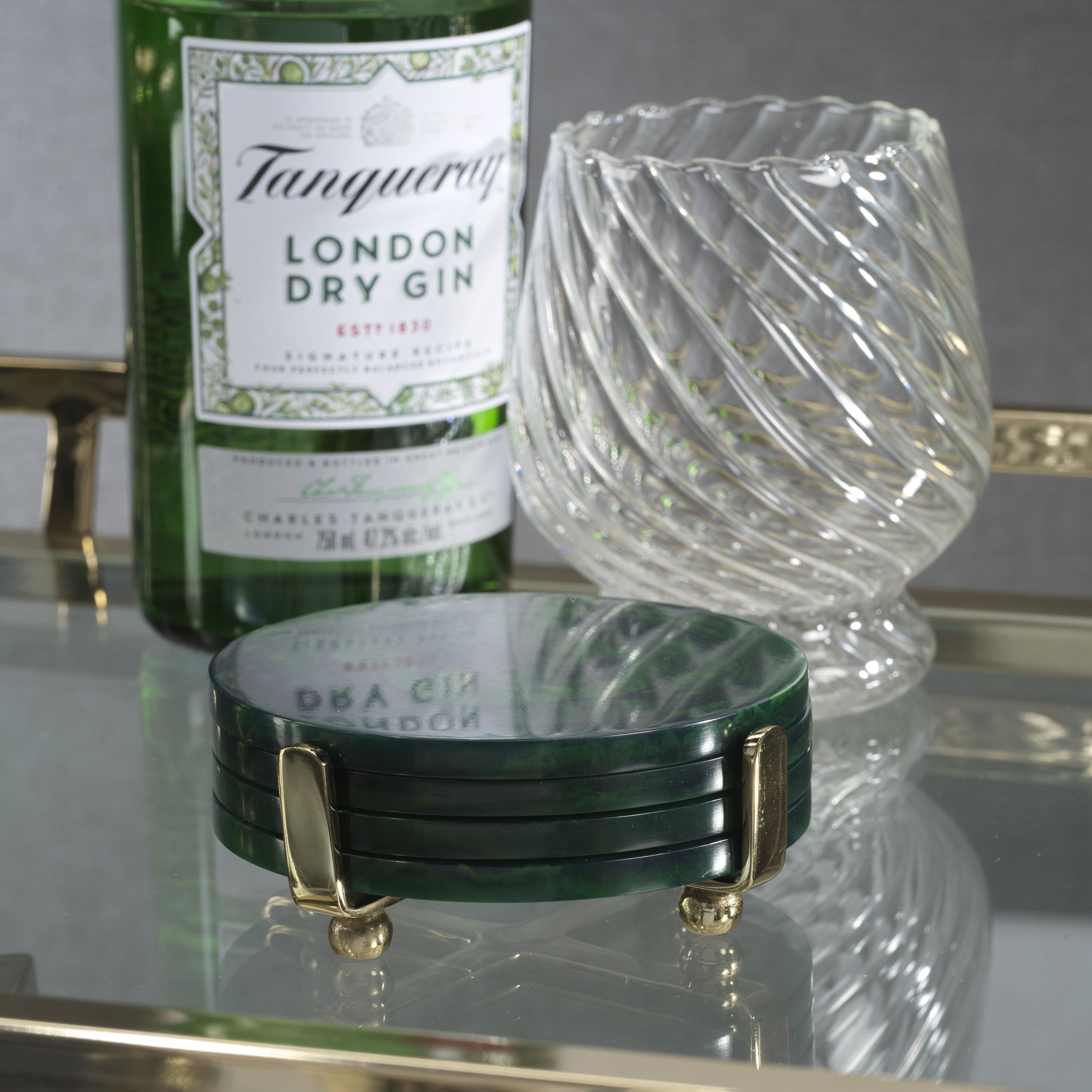 Zodax Home Decor Spiga Set of 4 Coasters on Stand - Gold with Green Accent