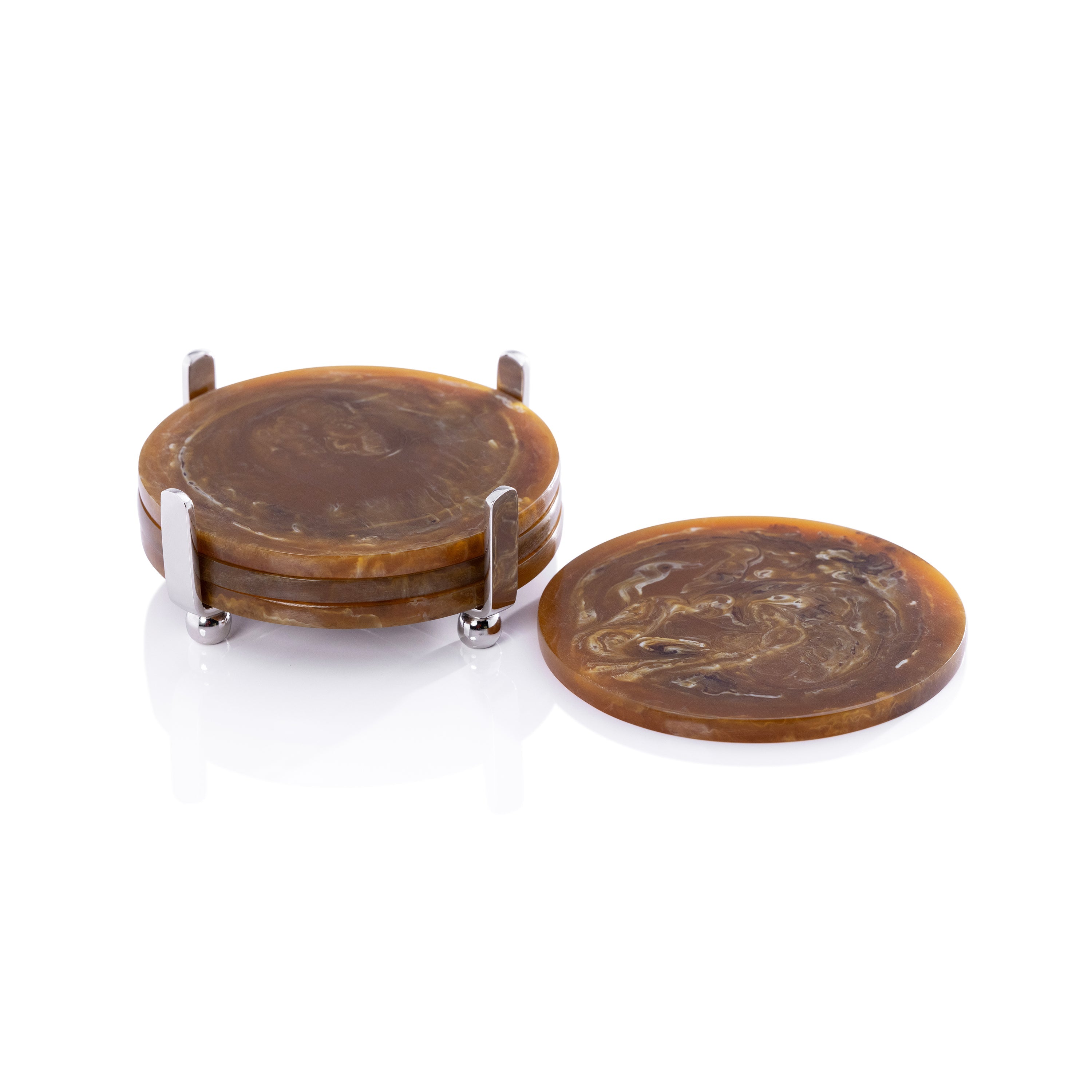 Zodax Home Decor Spiga Set of 4 Coasters on Stand - Nickel with Amber Accent