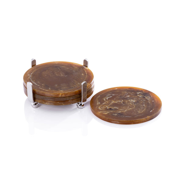 Zodax Home Decor Spiga Set of 4 Coasters on Stand - Nickel with Amber Accent