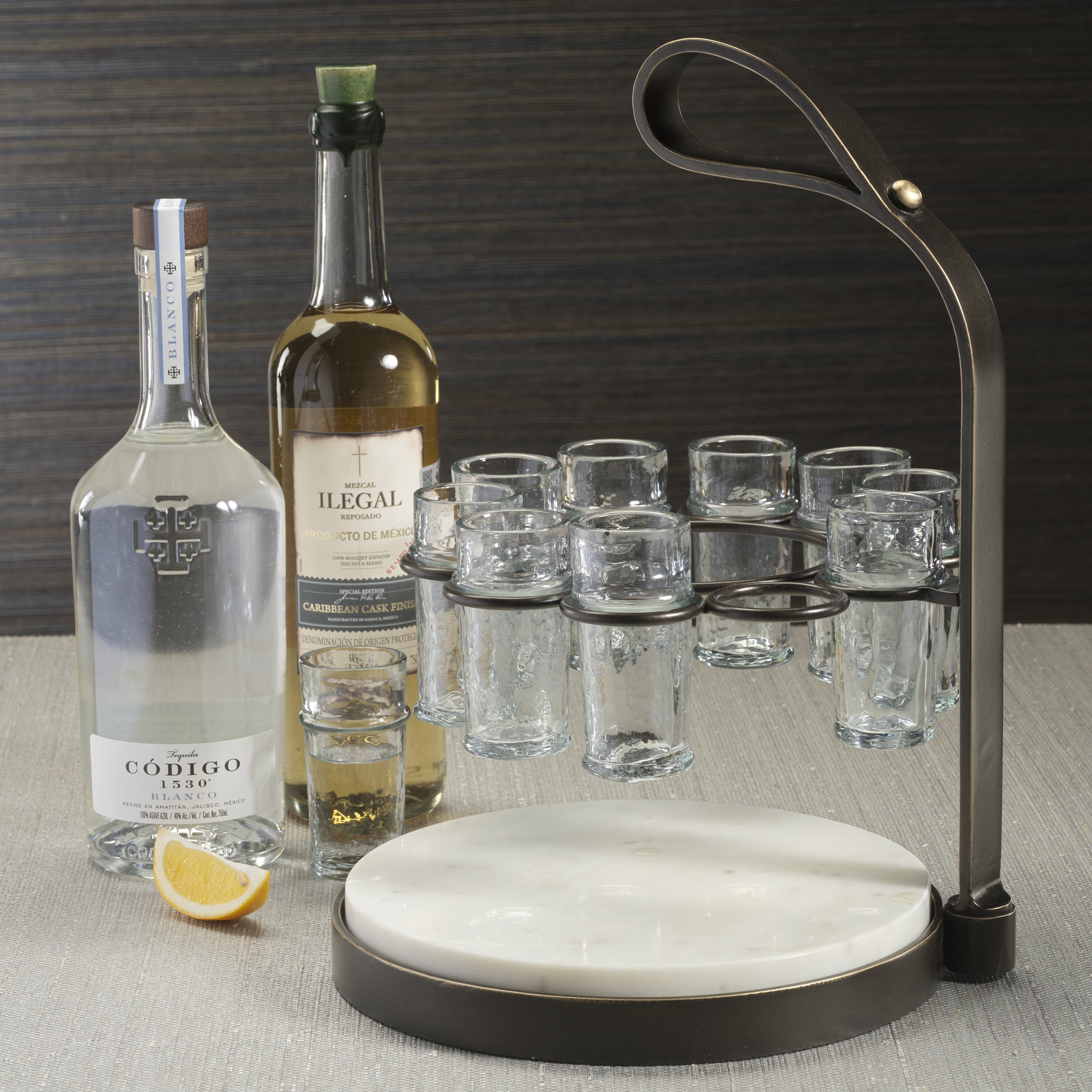Zodax Home Decor Tequilero 10 Shot Tequila Set with Marble Cutting Board - Dark Bronze