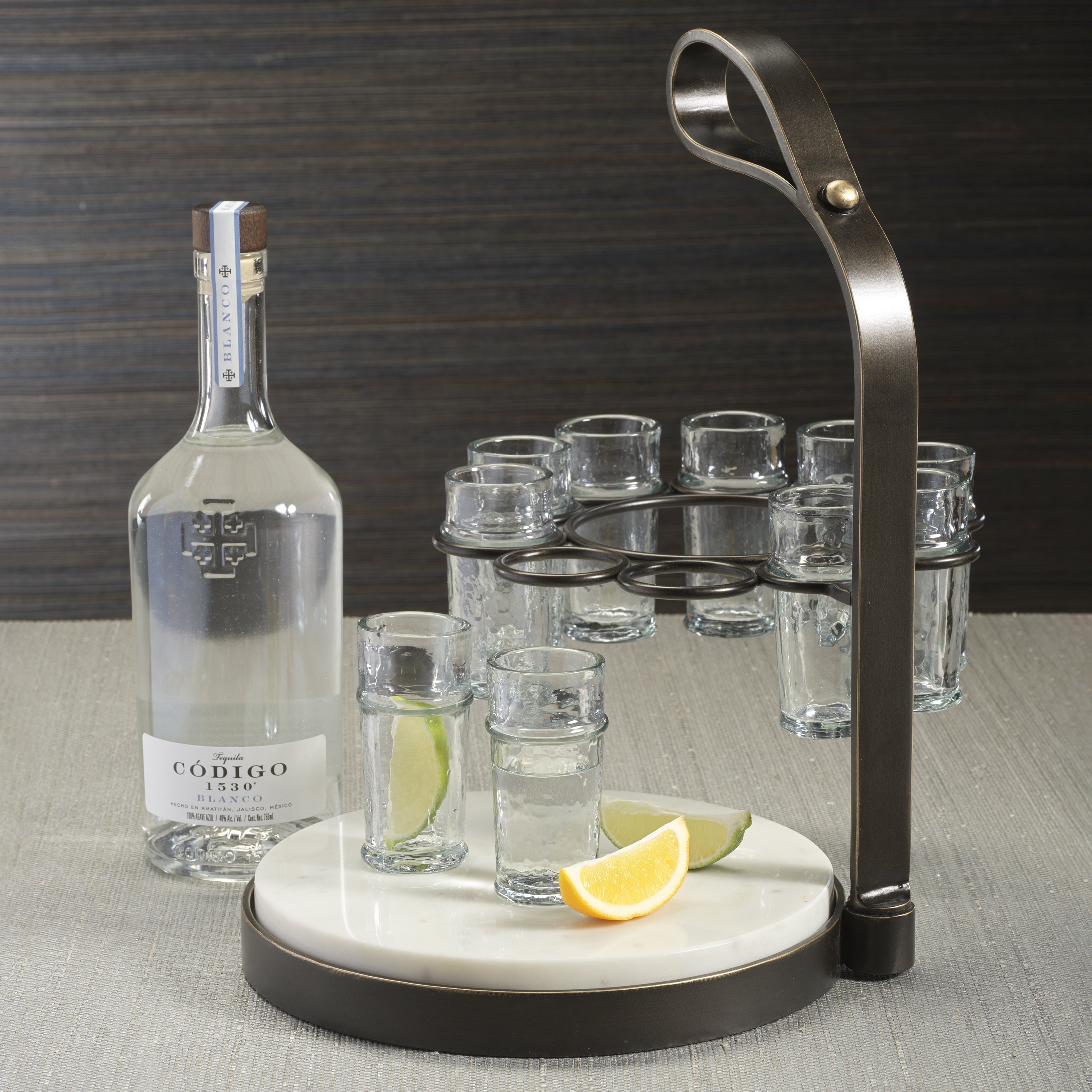 Zodax Home Decor Tequilero 10 Shot Tequila Set with Marble Cutting Board - Dark Bronze