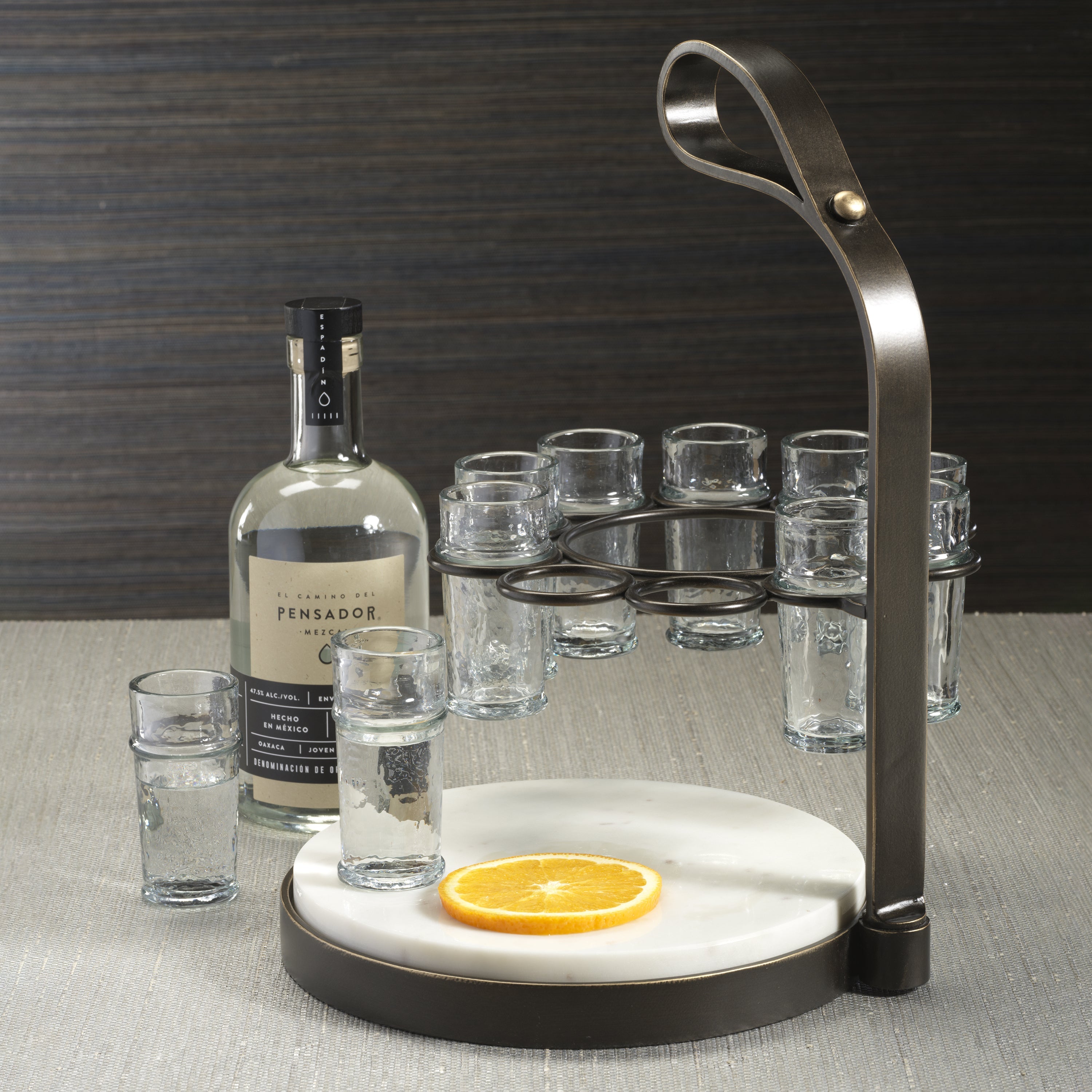 Zodax Home Decor Tequilero 10 Shot Tequila Set with Marble Cutting Board - Dark Bronze