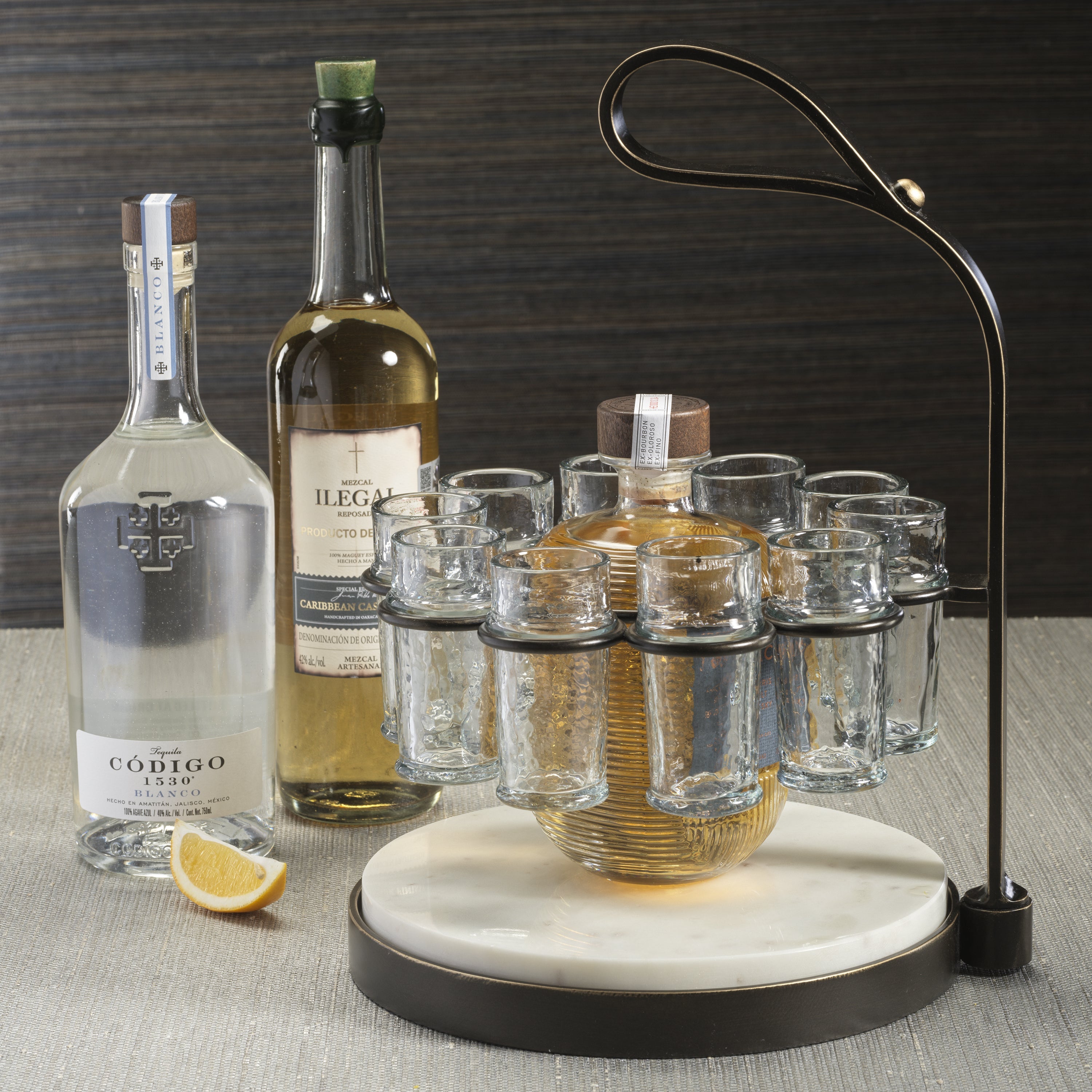 Zodax Home Decor Tequilero 10 Shot Tequila Set with Marble Cutting Board - Dark Bronze