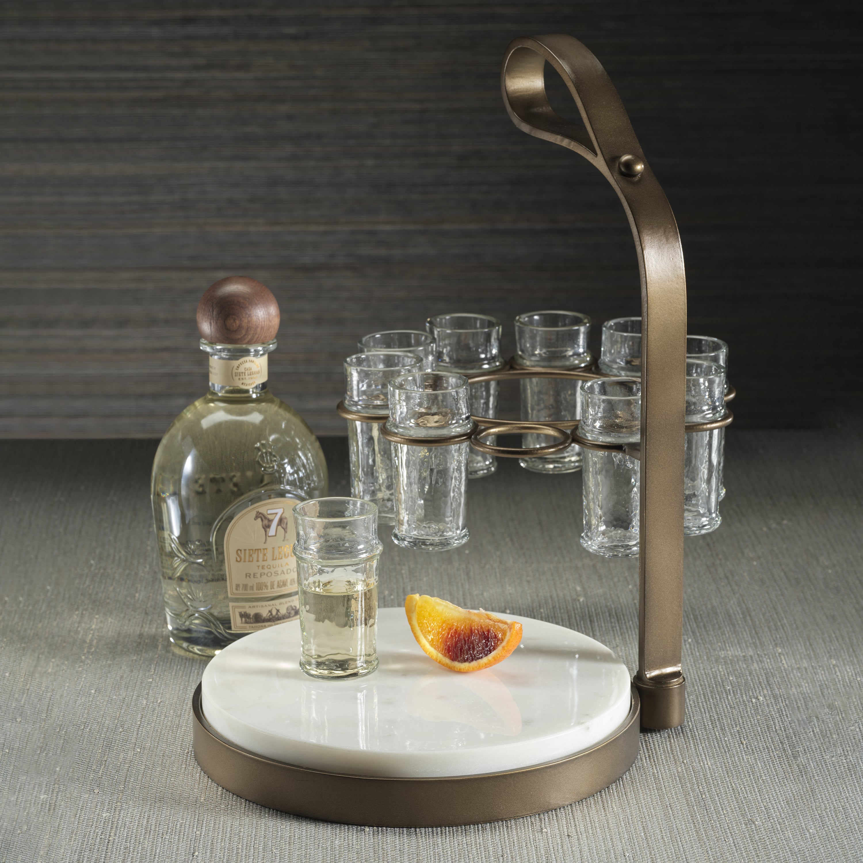 Zodax Home Decor Tequilero 10 Shot Tequila Set with Marble Cutting Board - Gold