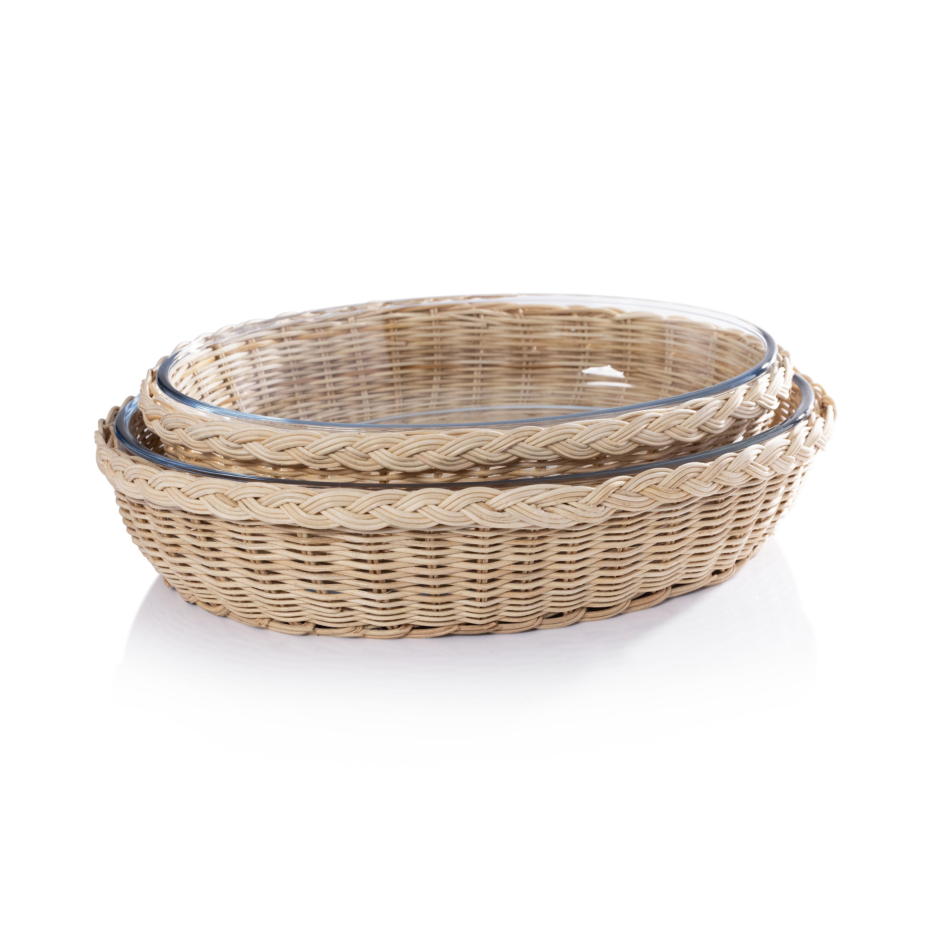 Zodax Home Decor The Palmier Oval Glass Bowl in Woven Rattan Basket - Large
