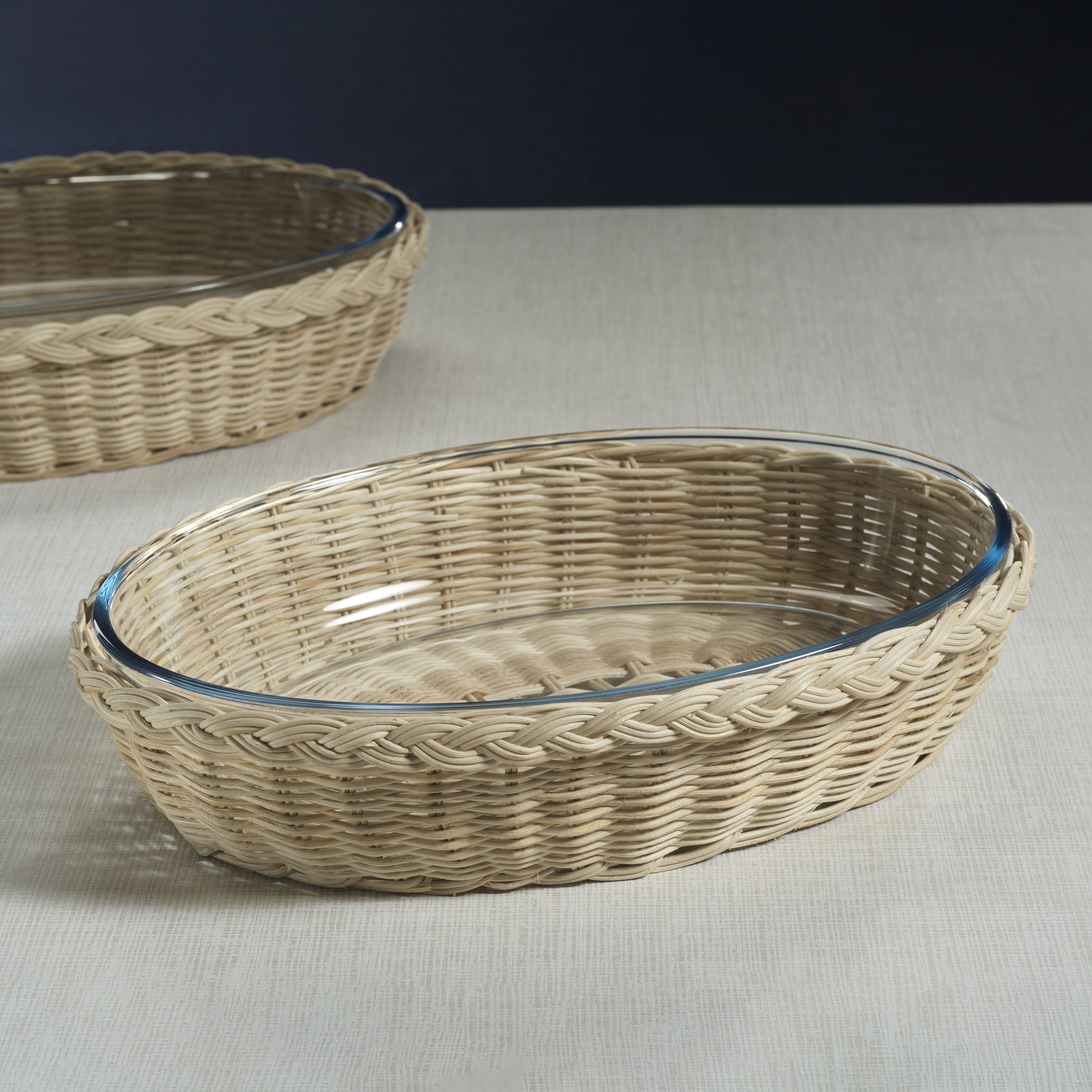 Zodax Home Decor The Palmier Oval Glass Bowl in Woven Rattan Basket - Large