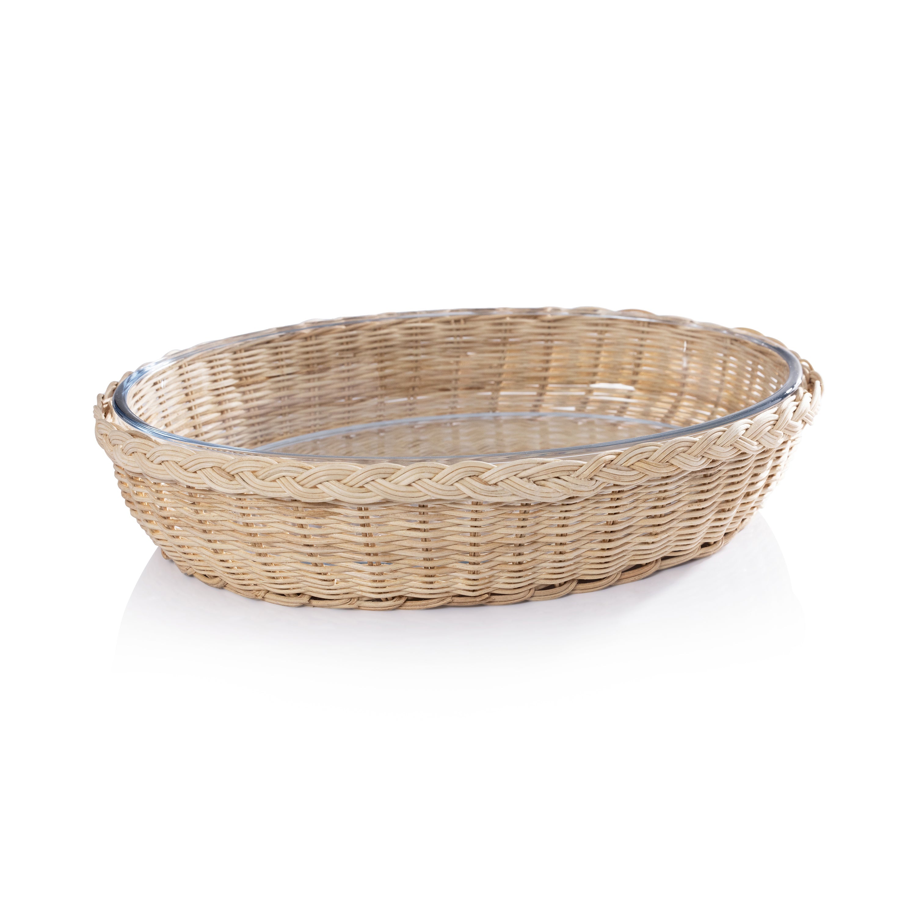 Zodax Home Decor The Palmier Oval Glass Bowl in Woven Rattan Basket - Large