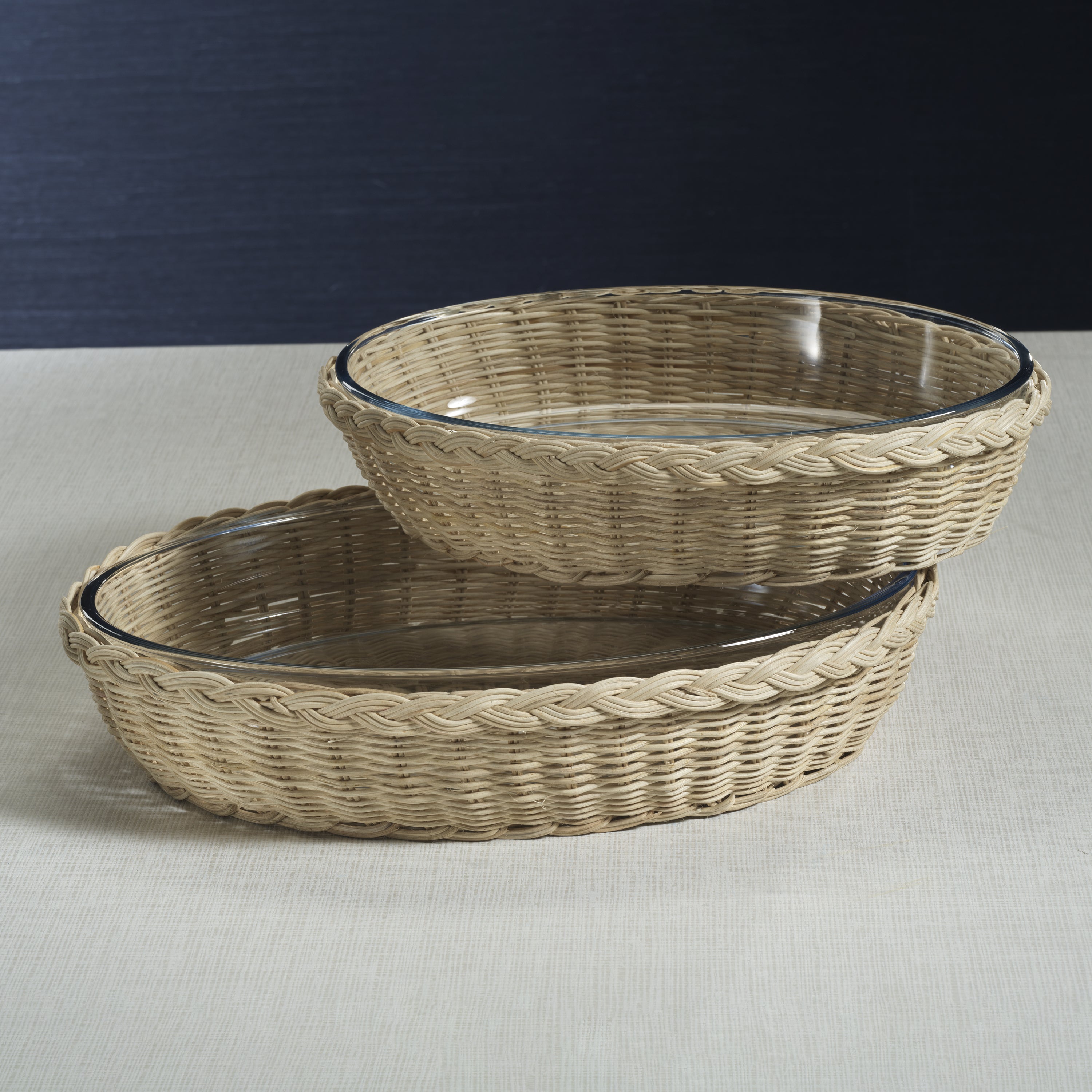 Zodax Home Decor The Palmier Oval Glass Bowl in Woven Rattan Basket - Small
