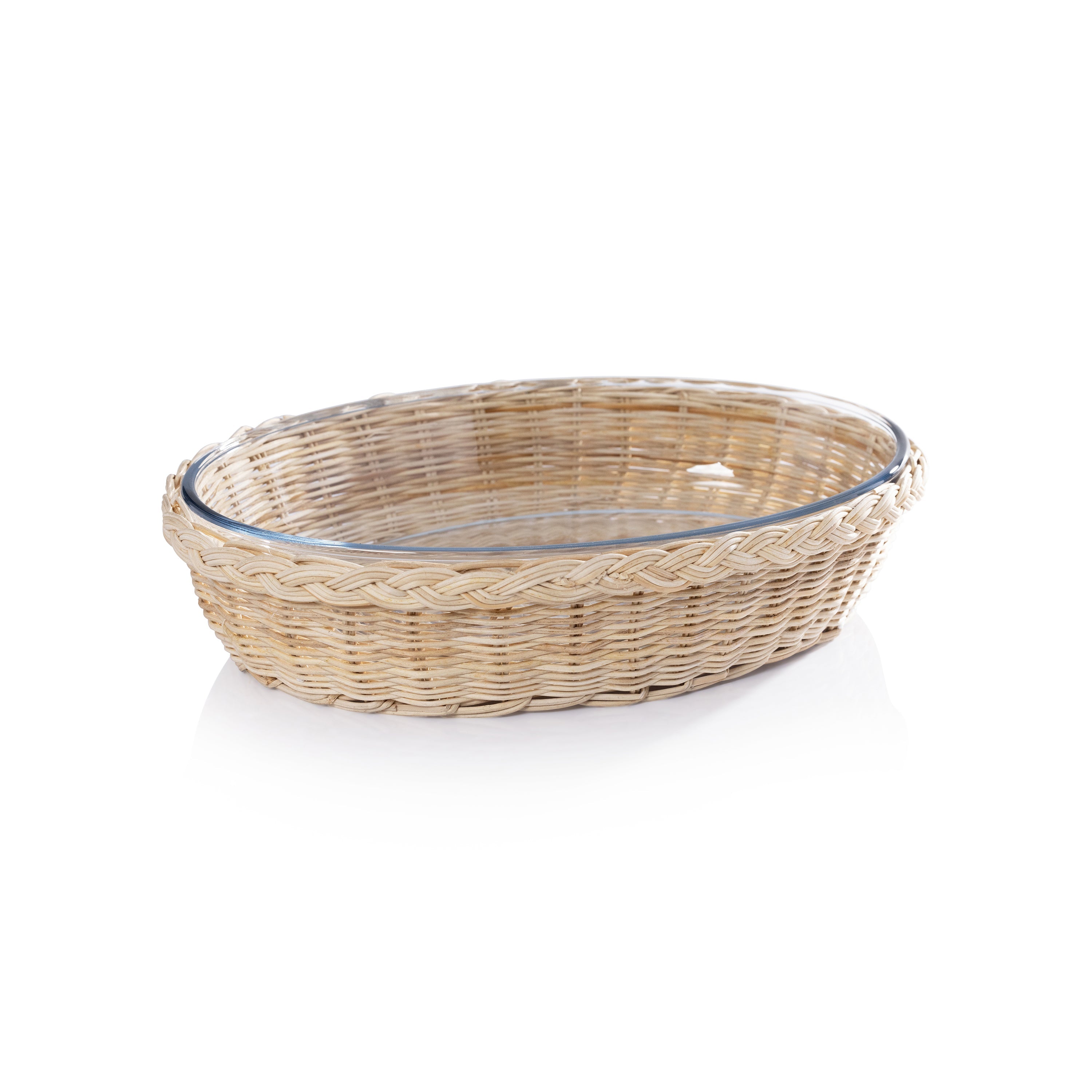 Zodax Home Decor The Palmier Oval Glass Bowl in Woven Rattan Basket - Small