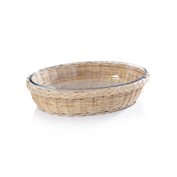 Zodax Home Decor The Palmier Oval Glass Bowl in Woven Rattan Basket - Small
