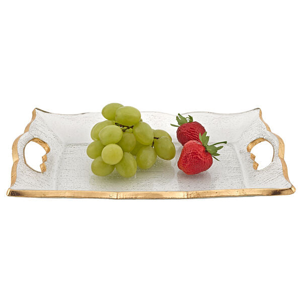 Badash Crystal Art Glass Goldedge Hand Decorated Gold Leaf Scalloped Edge 7 x 11" Vanity or Snack Tray With Cut Out Handles - CLOSEOUT