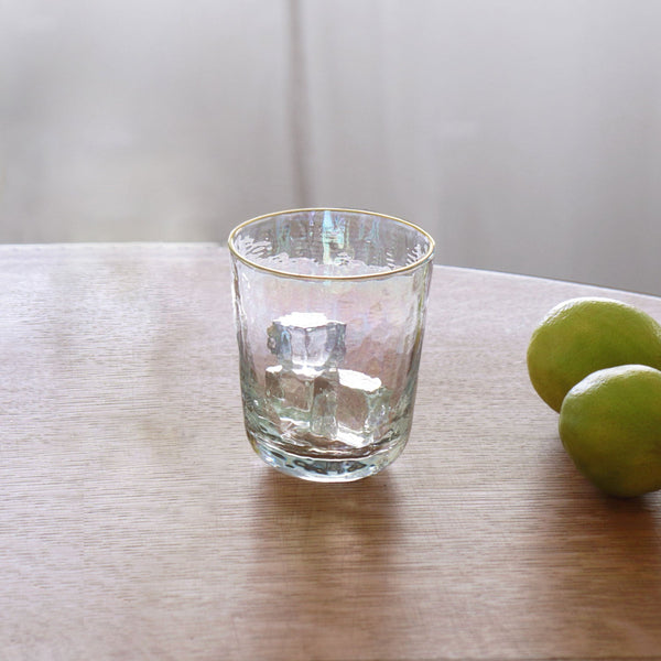 Beatriz Ball Serveware Beatriz Ball GLASS Mother of Pearl Stemless All Purpose Glass with Gold Rim Set of 4 (Clear and Gold)