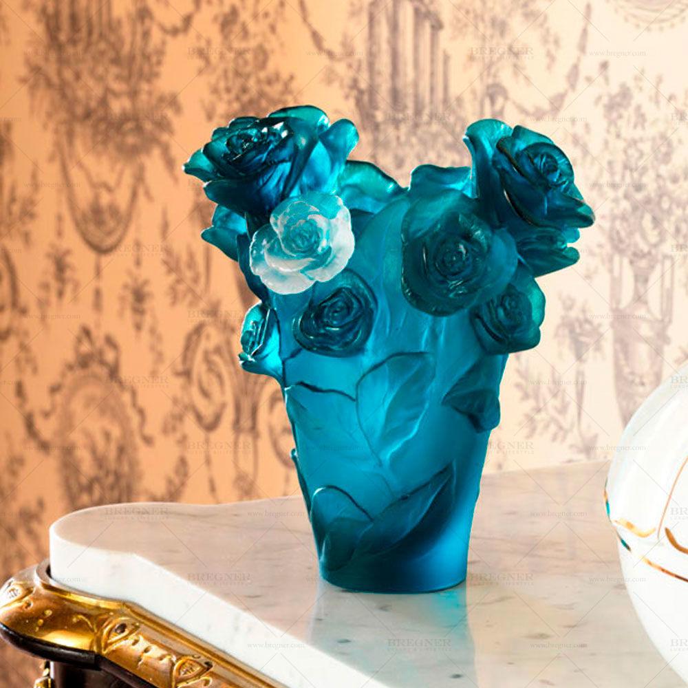 Daum Crystal Blue Small Vase With White Rose Rose Passion