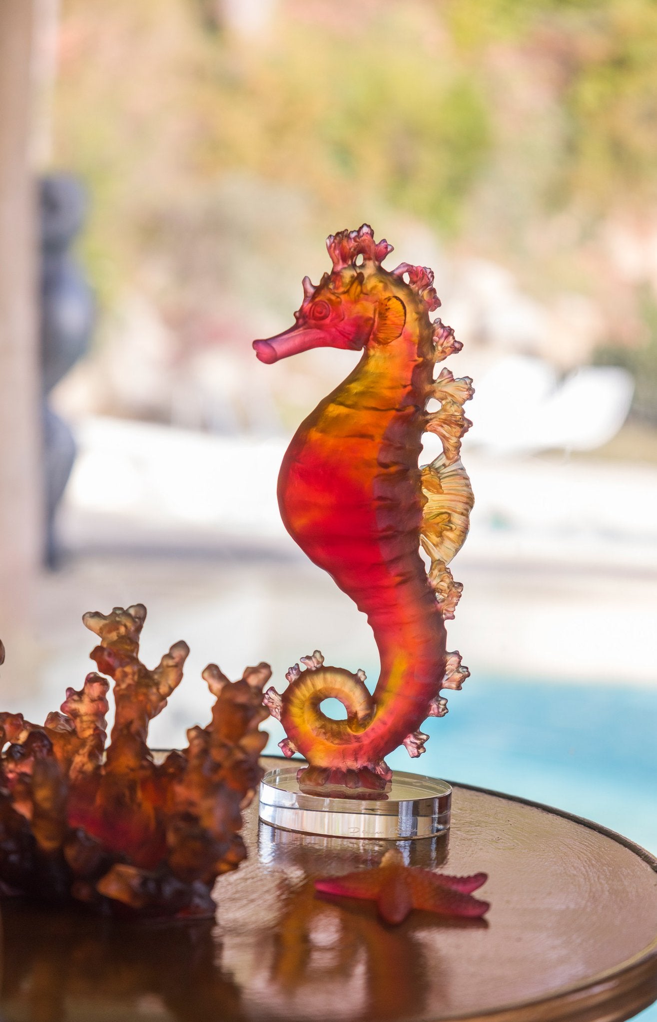 Daum Art Glass Daum Crystal Coral Sea Amber Red Seahorse