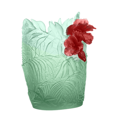 Daum Art Glass Daum Crystal Hibiscus Large Vase - Light Green Red