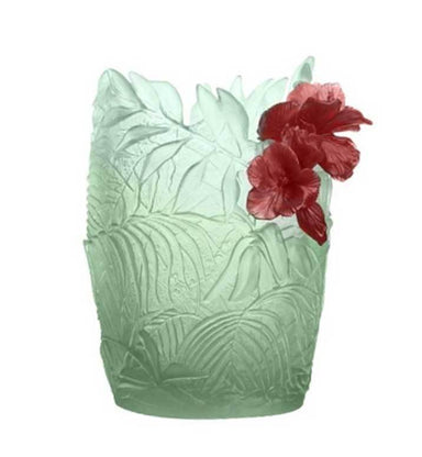 Daum Art Glass Daum Crystal Hibiscus Large Vase - Light Green Red
