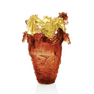 Daum Art Glass Daum Crystal Magnum Horse Vase in Amber & Gold