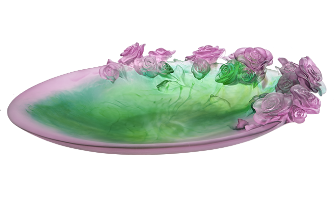 Daum Art Glass Daum Crystal Rose Passion Magnum Bowl- -Pink & Green
