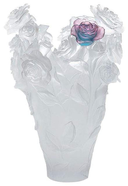 Daum Art Glass Daum Crystal Rose Passion Magnum Vase - White Green Pink