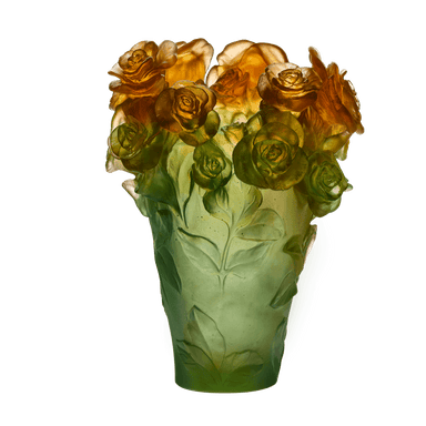 Daum Art Glass Daum Crystal Rose Passion Vase- Green Orange