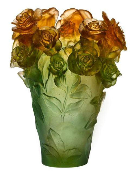 Daum Art Glass Daum Crystal Rose Passion Vase- Green Orange