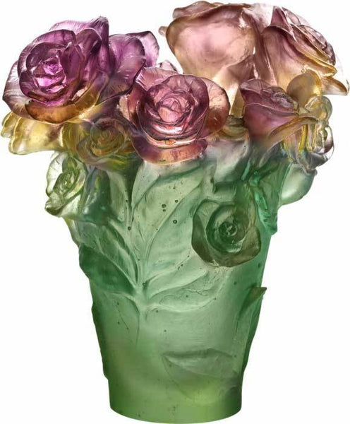 Daum Art Glass Daum Crystal Rose Passion Vase - Green Pink