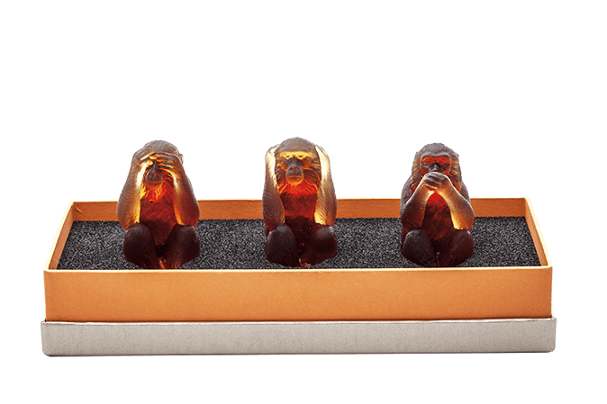 Daum Art Glass Daum Crystal Three Wise Monkeys - Amber