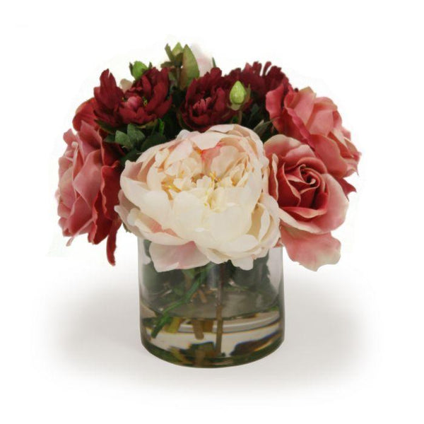 Burgundy Roses with Peonies in Round Cylinder